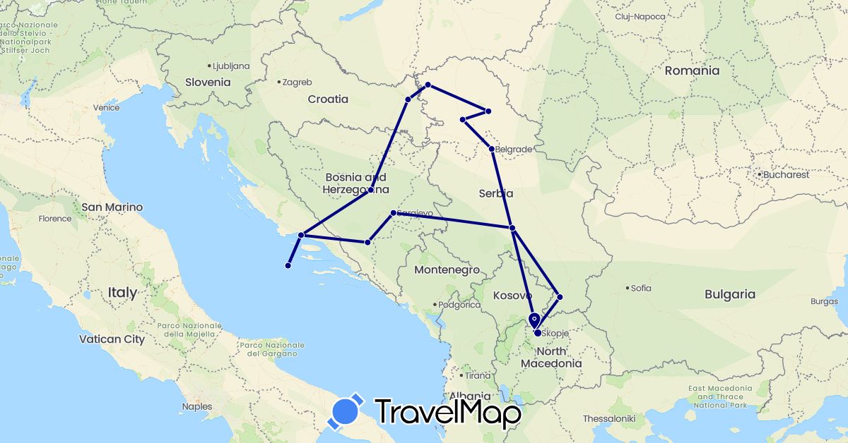 TravelMap itinerary: driving in Bosnia and Herzegovina, Croatia, Macedonia, Serbia (Europe)